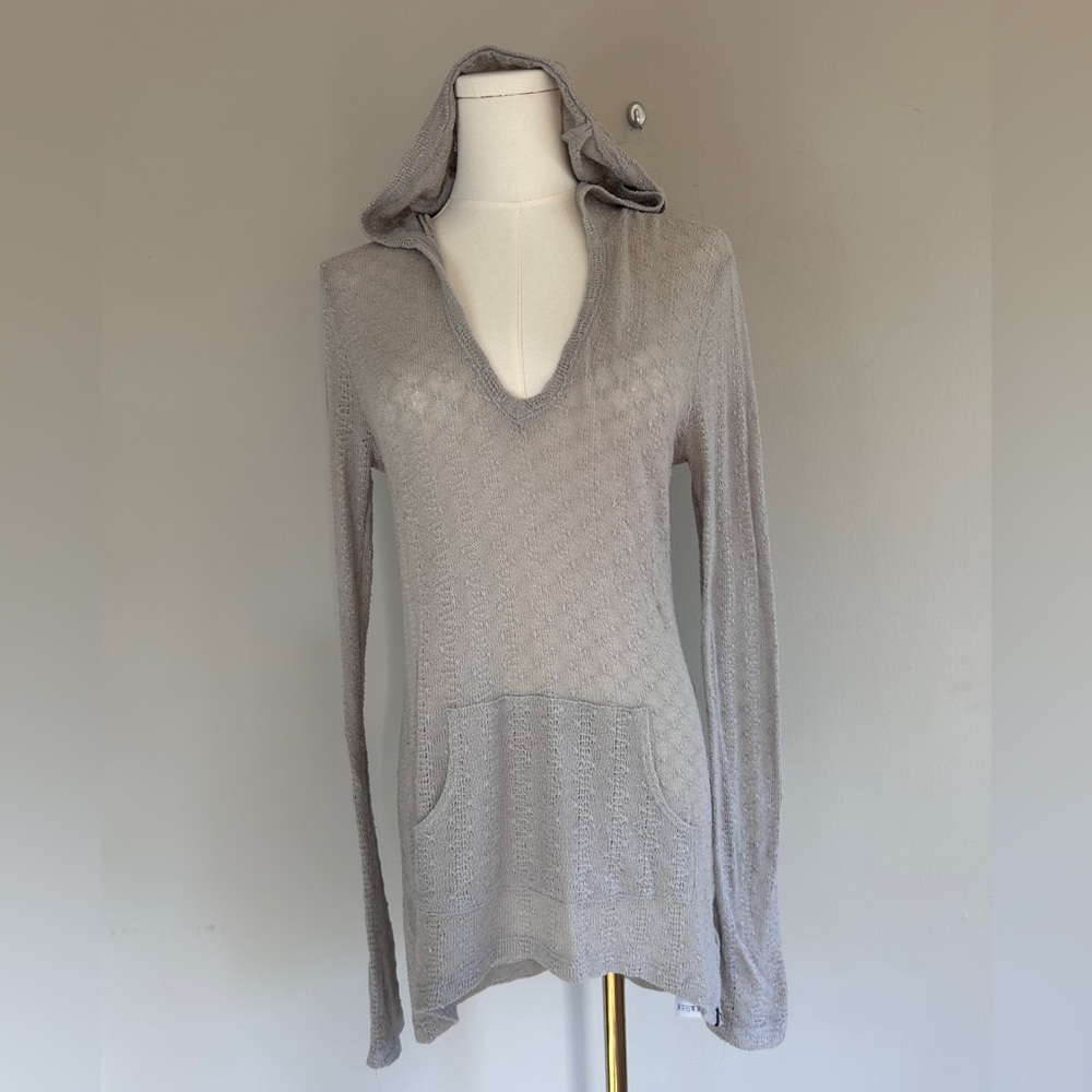 Y2K VOLCOM Hooded Sheer Open Knit V-Neck Long Sleeve Top Indie Grunge Skater M/L - Picture 3 of 16